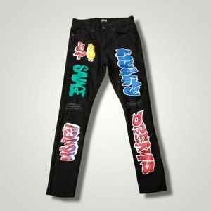 HZW Women's Graffiti Style Skinny Jeans Black Distressed Size 30